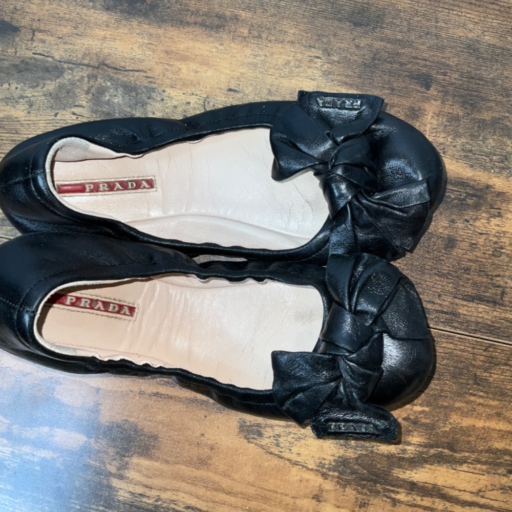 Prada Black Leather Bow Ballet Flats - Picture 2 of 12